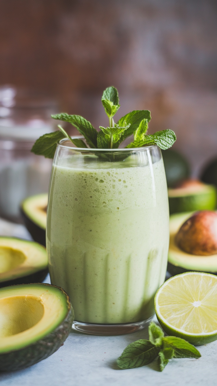 A pastel green minty avocado smoothie in a glass garnished with mint leaves, surrounded by avocado and lime slices.